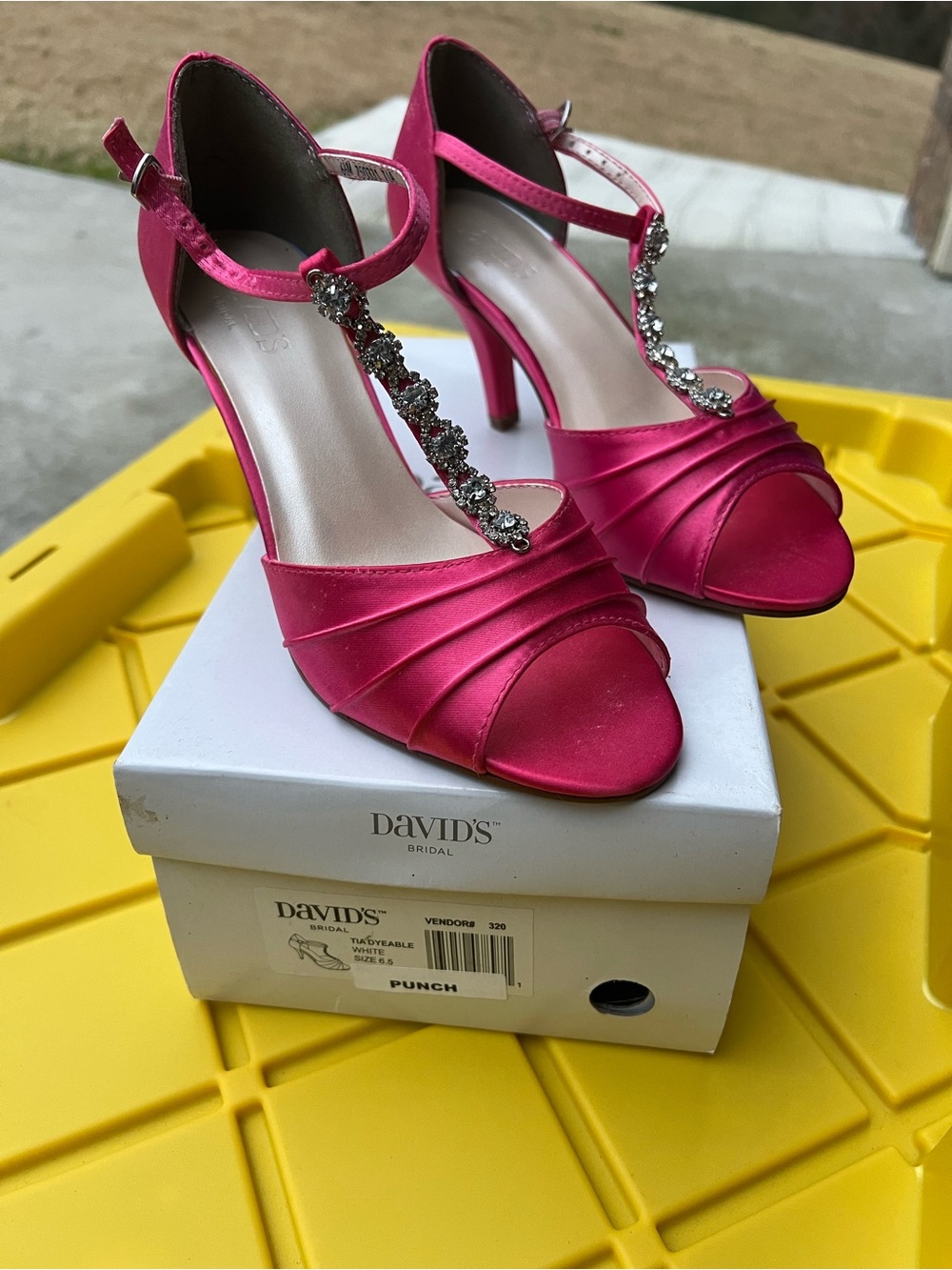 David's Bridal Punch Pink Satin Rhinestone T-Strap Heels - Size 6.5M